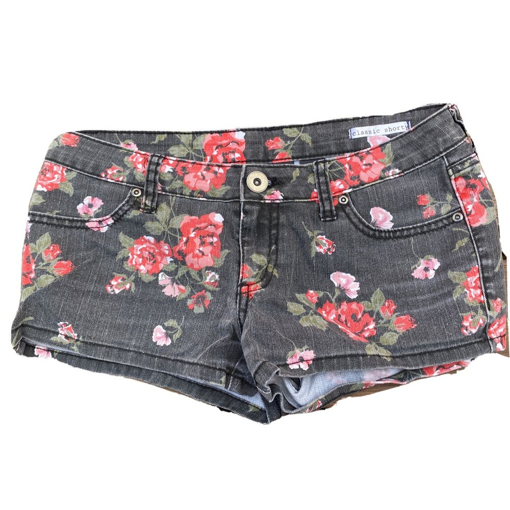 City Streets Classic Shorty Floral Gray Jean Short Shorts Denim Roses Jrs Sz 5